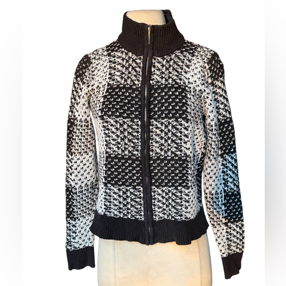 1990s Liz Claiborne Cotton Blend Full Zip Checkered High Mock Neck Collar Cardig